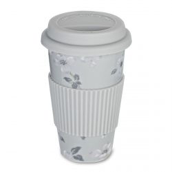una café para llevar perfecto en tu taza de diseño gris con flores blancas