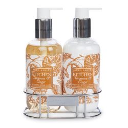 jabón y crema de manos con aroma a mandarina y jengibre en envase de diseño