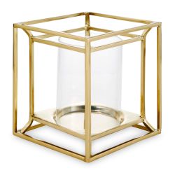 portavelas de diseño en forma de cubo de metal dorado