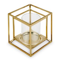 portavelas de diseño en forma de cubo de metal dorado