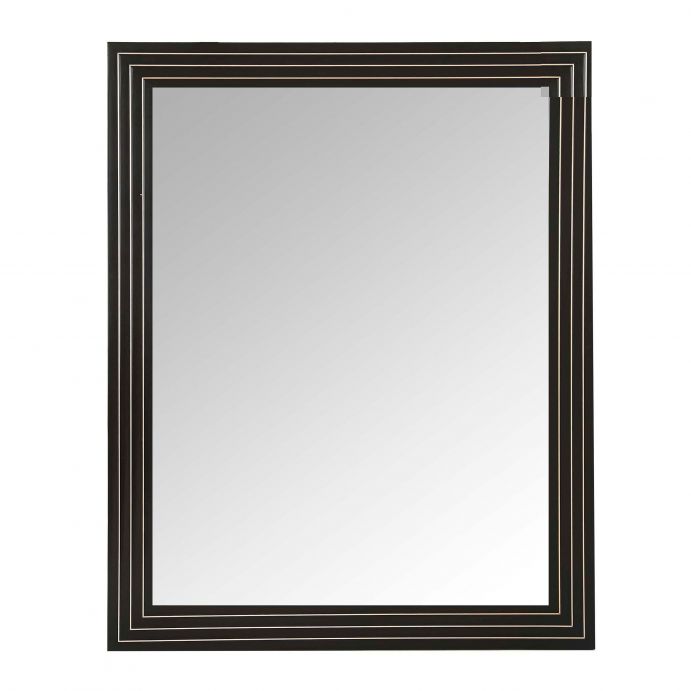 espejo de pared rectangular de madera oscura y detalles en níquel 
