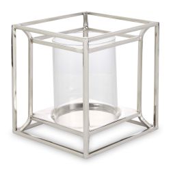 portavelas plateado de cristal y diseño de cubo