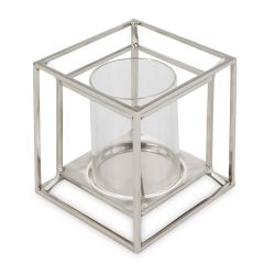 portavelas plateado de cristal y diseño de cubo