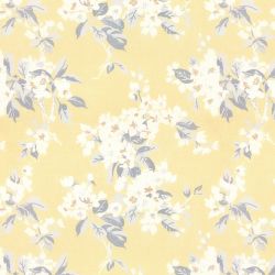 tela de flores blancas y fondo amarillo ideal para cortinas y estores de diseño