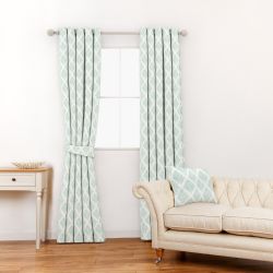tela de diseño geométrico retro en azul verdoso ideal para cortinas y estores de diseño