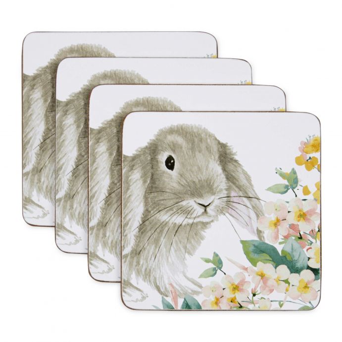 bases para copos de cortiça quadrados com coelho estampado de projeto