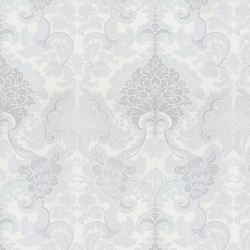 papel pintado de diseño clásico de rosetón en color gris plata con reflejos brillantes