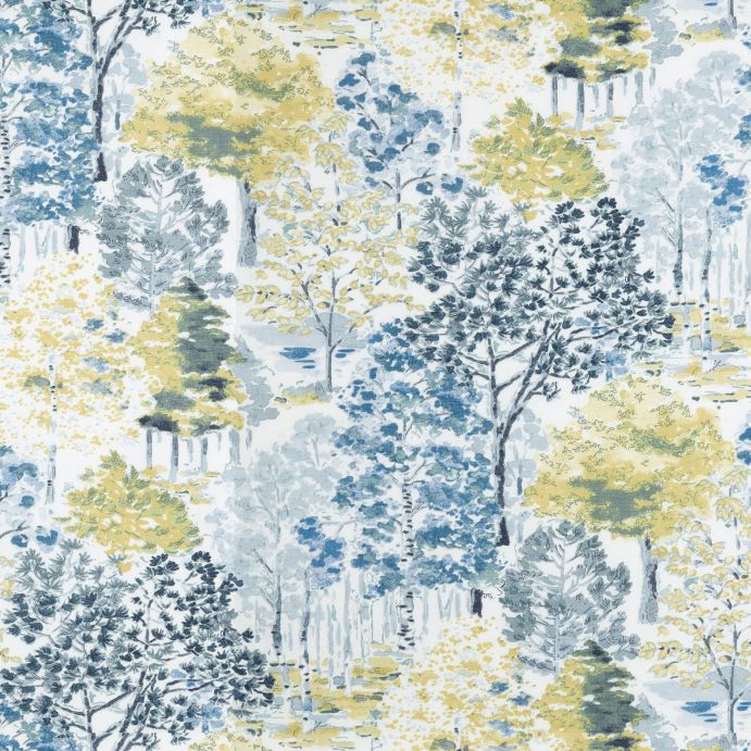 tela para cortinas y estores de diseño de árboles en tonos verdes y azules