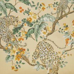 cojín bordado con leopardos jugando entre ramas de flores colores dorados