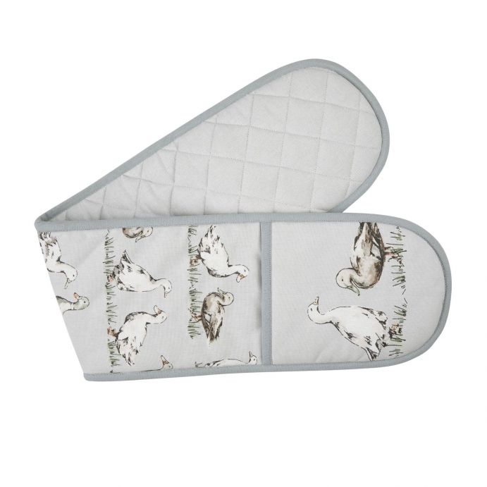 guante protector para horno en tela gris con patos estampados