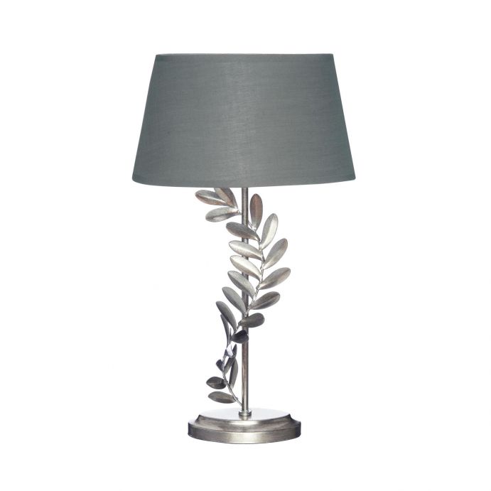 lámpara completa de base cromada decorada con hojas de diseño y pantalla gris plata