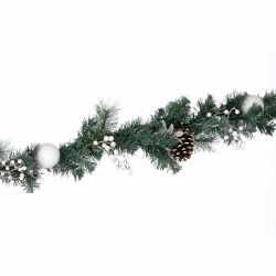 guirnalda de navidad de base vegetal verde y decoración de piñas y bolas blancas con luz