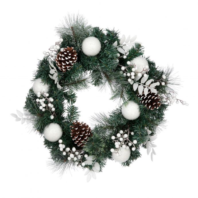 corona de navidad con luz y decoración de piñas y bolas blancas sobre base verde