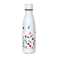 botella de metal térmica blanca con cerezas hermética de diseño