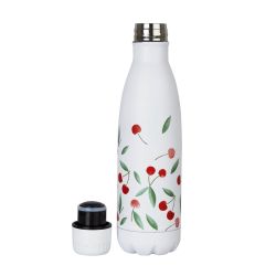 botella de metal térmica blanca con cerezas hermética de diseño
