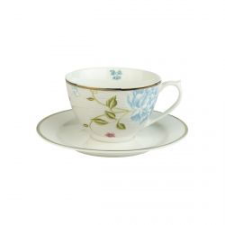 taza y plato cappuccino de porcelana estampada con flores y pájaros de diseño