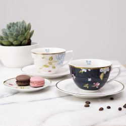taza y plato cappuccino de porcelana estampada con flores y pájaros de diseño