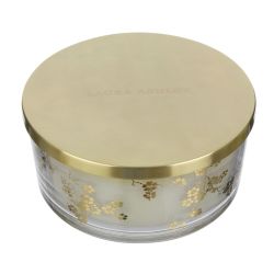 vela perfumada con tres mechas, en vaso de cristal estampado con flores y tapa dorada