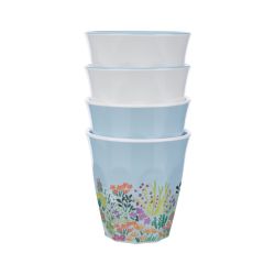 4 vasos estampados con flores y sombrillas de colores en melamina resistente