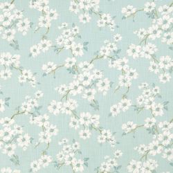 tela azul verdoso con flores blancas de diseño para cortinas, cojines confecciones