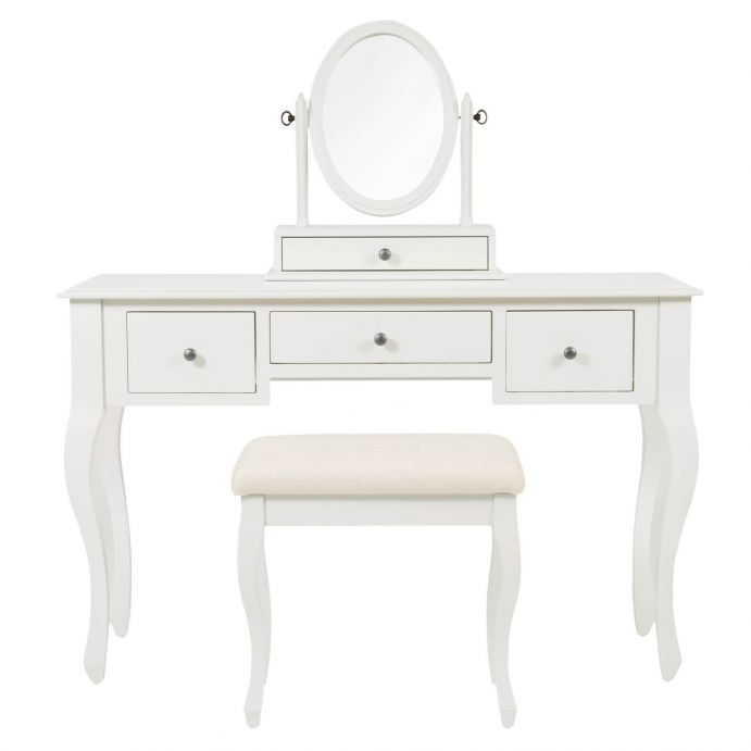 set de tocador con espejo y banqueta, en abedul blanco algodón, de diseño clásico
