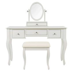 set de tocador con espejo y banqueta, en abedul marfil claro, de diseño clásico