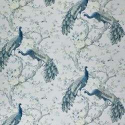 tejido de algodón estampado con pavos reales en tonos azules