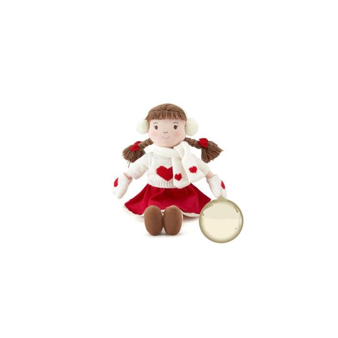 muñeca de peluche con diseño invernal en rojo y blanco