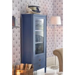 armario expositor vitrina azul oscuro con una puerta de cristal y dos cajones