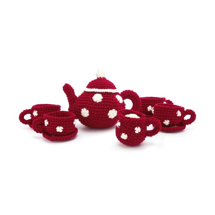 juego de té de juguete en crochet rojo y blanco para niños