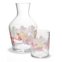 juego de botella y vaso de cristal para mesilla con estampado de flores tulipanes rosas